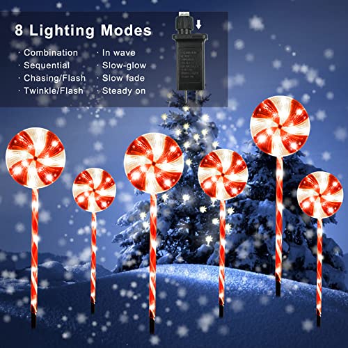 RAYNEL 6 Pack Christmas Pathway Lights Outdoor, 28" 120 LED Lollipop Peppermint Pathway Lights, Candy Cane Christmas Decorations with 8 Lighting Modes for Xmas Holiday Patio Yard Lawn Garden