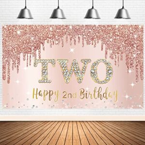 2nd birthday banner backdrop decorations for girls, rose gold happy 2 year old birthday sign party supplies, pink second birthday poster background photo booth props decor