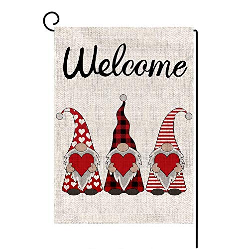 Welcome Valentines Day Garden Flag Vertical Double Sided Buffalo Plaid Gnome Love Heart Spring Garden Flag, Valentine's Day Holiday Anniversary Wedding Yard Outdoor Decoration 12.5 x 18 Inch