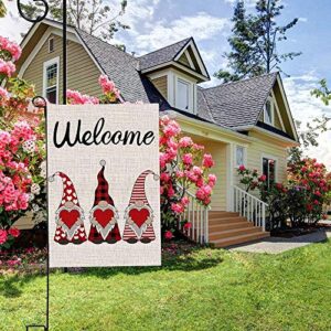 Welcome Valentines Day Garden Flag Vertical Double Sided Buffalo Plaid Gnome Love Heart Spring Garden Flag, Valentine's Day Holiday Anniversary Wedding Yard Outdoor Decoration 12.5 x 18 Inch