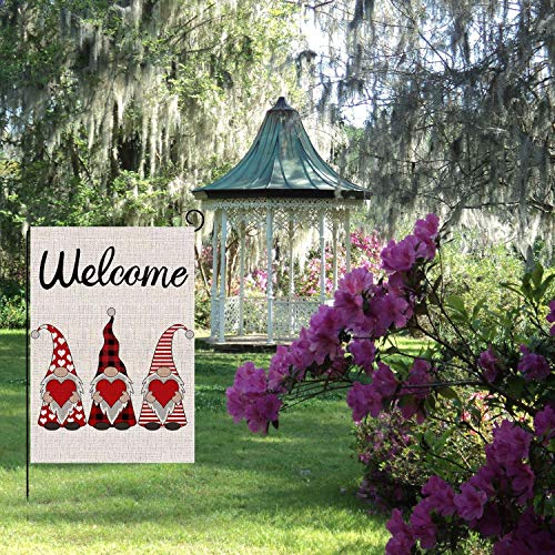 Welcome Valentines Day Garden Flag Vertical Double Sided Buffalo Plaid Gnome Love Heart Spring Garden Flag, Valentine's Day Holiday Anniversary Wedding Yard Outdoor Decoration 12.5 x 18 Inch