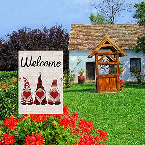 Welcome Valentines Day Garden Flag Vertical Double Sided Buffalo Plaid Gnome Love Heart Spring Garden Flag, Valentine's Day Holiday Anniversary Wedding Yard Outdoor Decoration 12.5 x 18 Inch