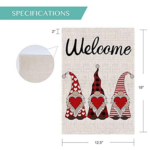 Welcome Valentines Day Garden Flag Vertical Double Sided Buffalo Plaid Gnome Love Heart Spring Garden Flag, Valentine's Day Holiday Anniversary Wedding Yard Outdoor Decoration 12.5 x 18 Inch