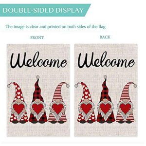 Welcome Valentines Day Garden Flag Vertical Double Sided Buffalo Plaid Gnome Love Heart Spring Garden Flag, Valentine's Day Holiday Anniversary Wedding Yard Outdoor Decoration 12.5 x 18 Inch