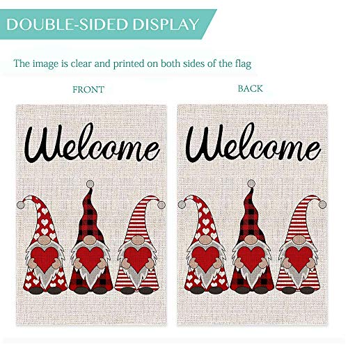 Welcome Valentines Day Garden Flag Vertical Double Sided Buffalo Plaid Gnome Love Heart Spring Garden Flag, Valentine's Day Holiday Anniversary Wedding Yard Outdoor Decoration 12.5 x 18 Inch