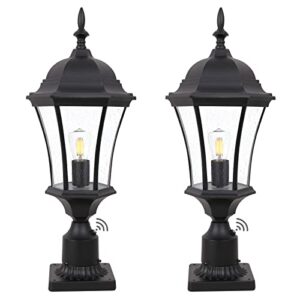 goalplus dusk to dawn post light, 20″ high black outdoor lamp post light fixture with pier mount for garden, exterior post lantern with seeded glass for yard, patio and pathway, lmms4610-s-bk-2p