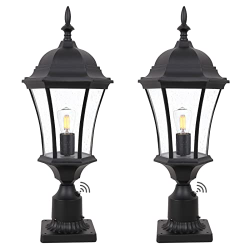 GOALPLUS Dusk to Dawn Post Light, 20" High Black Outdoor Lamp Post Light Fixture with Pier Mount for Garden, Exterior Post Lantern with Seeded Glass for Yard, Patio and Pathway, LMMS4610-S-BK-2P