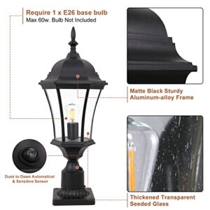 GOALPLUS Dusk to Dawn Post Light, 20" High Black Outdoor Lamp Post Light Fixture with Pier Mount for Garden, Exterior Post Lantern with Seeded Glass for Yard, Patio and Pathway, LMMS4610-S-BK-2P