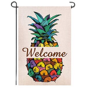 shmbada pineapple welcome double sided burlap garden flag, premium material, seasonal spring summer outdoor funny decorative flags for garden yard lawn, gift for children, 12 x 18 inch