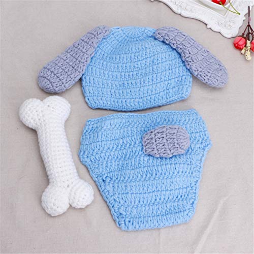 Newborn Baby Boy Girl Photo Props Outfits Crochet Knitted Dog Hat Shorts with Bone Set for Boys Girls Photography Shoot (Blue & White ，1-12 Months)