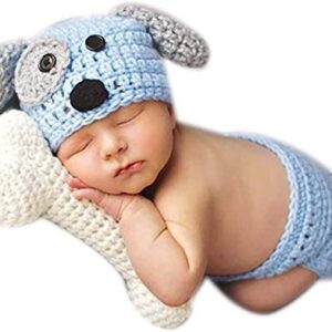 Newborn Baby Boy Girl Photo Props Outfits Crochet Knitted Dog Hat Shorts with Bone Set for Boys Girls Photography Shoot (Blue & White ，1-12 Months)