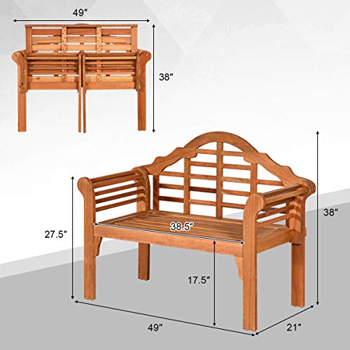 Giantex Outdoor Wood Bench, 4 Ft Foldable Eucalyptus Garden Bench, Two Person Loveseat Chair Solid with Curved Backrest and Armrest Ideal for Patio, Porch or Balcony (Teak)