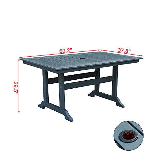 Boyel Living 60" HDPE Outdoor Patio Rectangular Dining Table with Umbrella Hole for Outdoor Garden, Porch, Deck,Gray