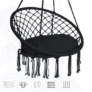 hfkj hammock chair hanging rope swing with hardware and cushion handmade knitted mesh hanging chair with macrame for bedroom patio yard garden, max 330 lbs…