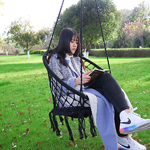 HFKJ Hammock Chair Hanging Rope Swing with Hardware and Cushion Handmade Knitted Mesh Hanging Chair with Macrame for Bedroom Patio Yard Garden, Max 330 Lbs…