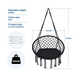 HFKJ Hammock Chair Hanging Rope Swing with Hardware and Cushion Handmade Knitted Mesh Hanging Chair with Macrame for Bedroom Patio Yard Garden, Max 330 Lbs…