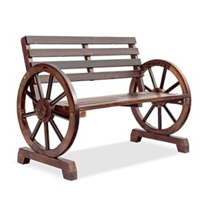 lovin&hugin wagon wheel bench, wooden rustic outdoor patio furniture, 2-person seat bench with backrest for porch, garden