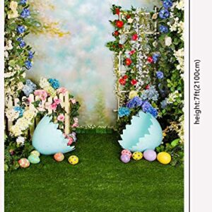 5x7ft Spring Easter Backdrops for Photography Rabbit Colorful Eggs Flower Wooden Wall Grass Backdrop Baby Shower Photo Background Kids Newborn Birthday Party Banner Decorations Studio Booth Props