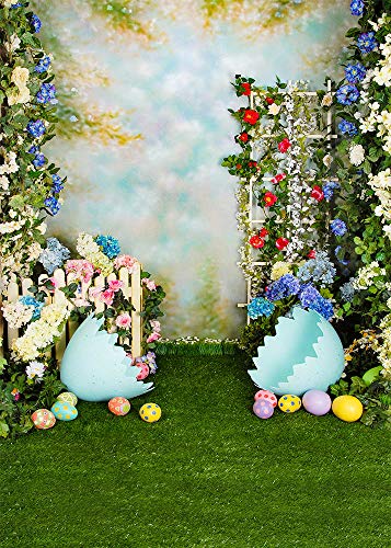 5x7ft Spring Easter Backdrops for Photography Rabbit Colorful Eggs Flower Wooden Wall Grass Backdrop Baby Shower Photo Background Kids Newborn Birthday Party Banner Decorations Studio Booth Props