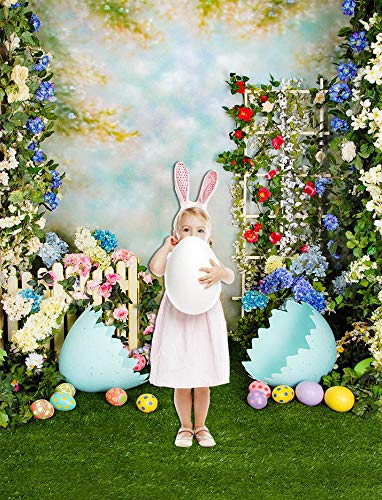 5x7ft Spring Easter Backdrops for Photography Rabbit Colorful Eggs Flower Wooden Wall Grass Backdrop Baby Shower Photo Background Kids Newborn Birthday Party Banner Decorations Studio Booth Props