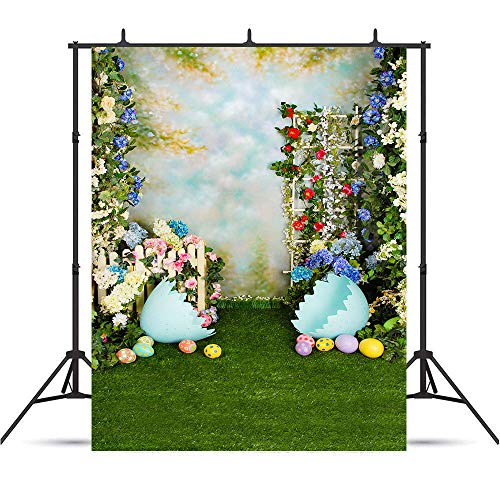 5x7ft Spring Easter Backdrops for Photography Rabbit Colorful Eggs Flower Wooden Wall Grass Backdrop Baby Shower Photo Background Kids Newborn Birthday Party Banner Decorations Studio Booth Props