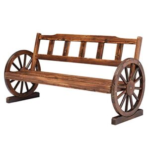 kinsuite fir wooden wagon wheel bench rustic 2-person seat bench with backrest outdoor patio furniture