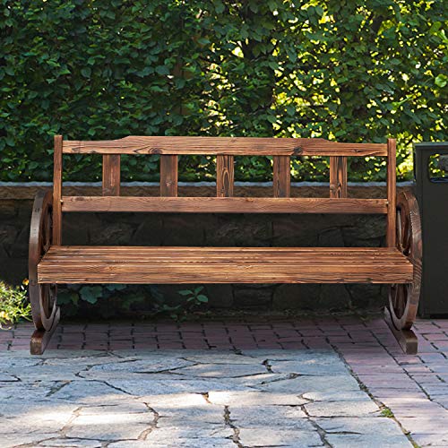 Kinsuite Fir Wooden Wagon Wheel Bench Rustic 2-Person Seat Bench with Backrest Outdoor Patio Furniture