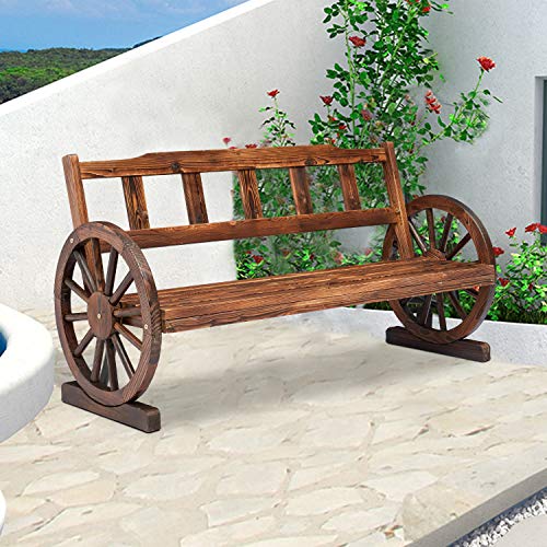 Kinsuite Fir Wooden Wagon Wheel Bench Rustic 2-Person Seat Bench with Backrest Outdoor Patio Furniture