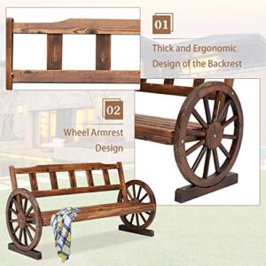 Kinsuite Fir Wooden Wagon Wheel Bench Rustic 2-Person Seat Bench with Backrest Outdoor Patio Furniture