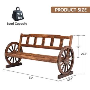 Kinsuite Fir Wooden Wagon Wheel Bench Rustic 2-Person Seat Bench with Backrest Outdoor Patio Furniture