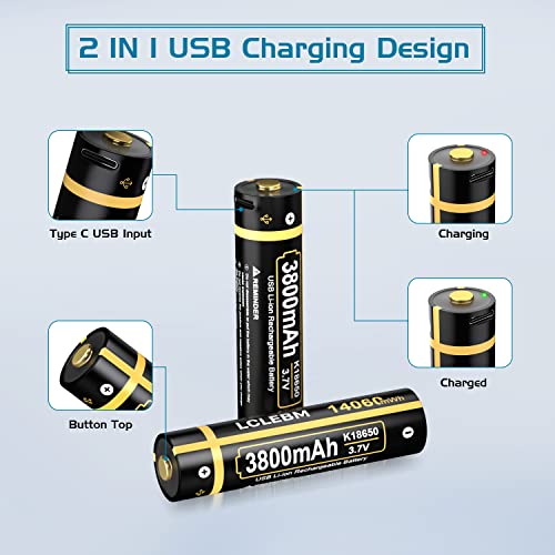 LCLEBM 3.7V 3800mAh USB Rechargeable Lithium Battery for Button Top with 2 in 1 Charge Cable for Flashlights, Camera, Headlamps, Doorbells, RC Cars (2 Pack)