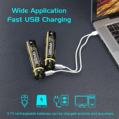 LCLEBM 3.7V 3800mAh USB Rechargeable Lithium Battery for Button Top with 2 in 1 Charge Cable for Flashlights, Camera, Headlamps, Doorbells, RC Cars (2 Pack)