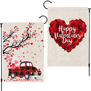 mocossmy valentine’s day garden flag,2 pcs double sided heart rose love tree red truck decorative burlap house flag yard banner for valentine’s day wedding anniversary spring outdoor decoration