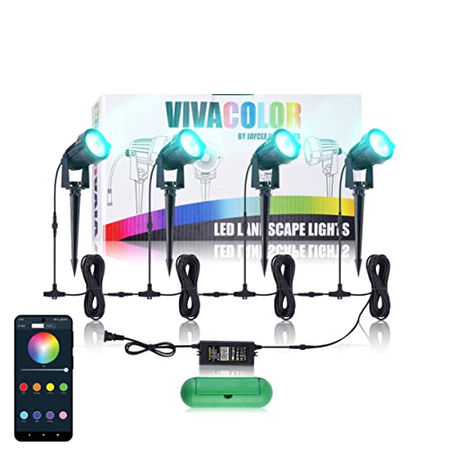 VivaColor by JayCee Products Bluetooth RGB Smart Landscape Light Kit with Transformer, Low Voltage 24V, 48W Total, Smartphone Controlled, Outdoor Garden Lights, Color Changing Lights