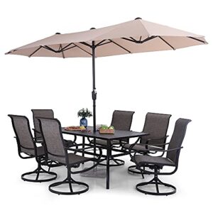 phi villa 8 pcs patio dining set with 13ft large patio umbrella(beige), 6 outdoor swivel chairs & 1 rectangle metal table for 6 person, patio fruniture dining set for lawn garden(no umbrella base)