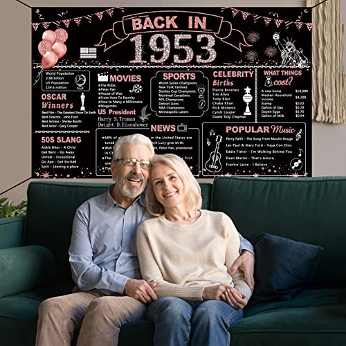 DARUNAXY 70th Birthday Rose Gold Party Decoration, Back in 1953 Banner for Women 70 Years Old Birthday Photography Background Vintage 1953 Poster Backdrop for Girls 70th Class Reunion Party Supplies