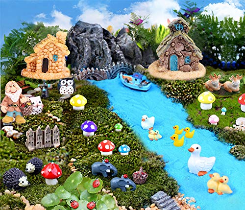 TCJJ 61 Pieces Fairy Garden Accessories, Miniature Fairy Garden Gnomes Garden Houses and Figurines DIY Micro Landscape Ornaments for Garden Dollhouse Potted Plant Bonsai Terrarium Decor