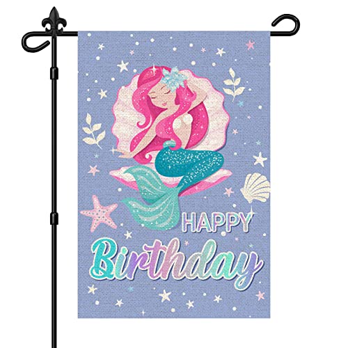 Mermaid Happy Birthday Garden Flag for Girls Birthday, Multicolour Vertical Premium Burlap Rustic Girls' Mermaid/Under the Sea Themed Birthday Celebration Yard Flag for Farmhouse Outside Outdoor Sign Double Sided, 12" x 18"