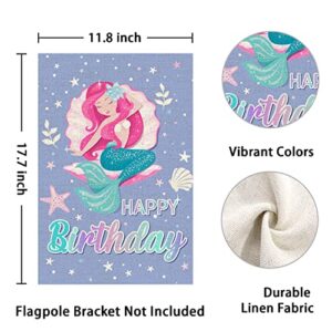 Mermaid Happy Birthday Garden Flag for Girls Birthday, Multicolour Vertical Premium Burlap Rustic Girls' Mermaid/Under the Sea Themed Birthday Celebration Yard Flag for Farmhouse Outside Outdoor Sign Double Sided, 12" x 18"