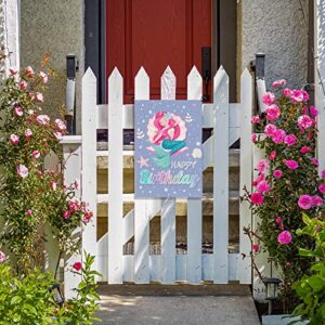 Mermaid Happy Birthday Garden Flag for Girls Birthday, Multicolour Vertical Premium Burlap Rustic Girls' Mermaid/Under the Sea Themed Birthday Celebration Yard Flag for Farmhouse Outside Outdoor Sign Double Sided, 12" x 18"