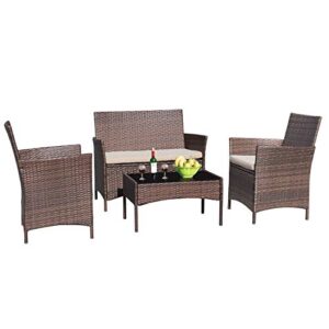 devoko 4 pieces patio porch furniture sets pe rattan wicker chairs beige cushion with table outdoor garden patio furniture sets (brown)