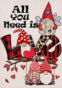 furiaz all you need is love gnomes couple valentine’s day garden flag, buffalo plaid check leopard hearts yard anniversary outdoor decoration, wedding engagement outside small decor double sided 12×18