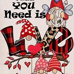 Furiaz All You Need is Love Gnomes Couple Valentine's Day Garden Flag, Buffalo Plaid Check Leopard Hearts Yard Anniversary Outdoor Decoration, Wedding Engagement Outside Small Decor Double Sided 12x18