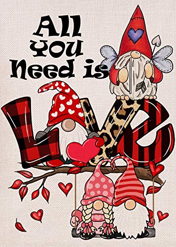 Furiaz All You Need is Love Gnomes Couple Valentine's Day Garden Flag, Buffalo Plaid Check Leopard Hearts Yard Anniversary Outdoor Decoration, Wedding Engagement Outside Small Decor Double Sided 12x18
