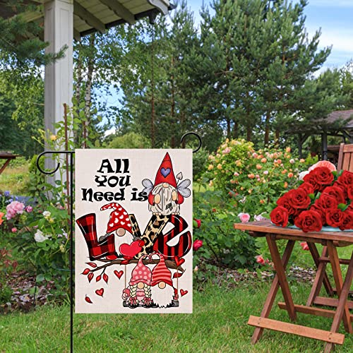 Furiaz All You Need is Love Gnomes Couple Valentine's Day Garden Flag, Buffalo Plaid Check Leopard Hearts Yard Anniversary Outdoor Decoration, Wedding Engagement Outside Small Decor Double Sided 12x18