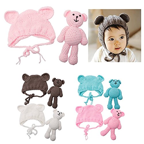 ECYC Newborn Baby Bear Hat Beanie with Bear Dolls Photography Accessories Grey