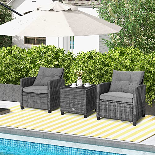 Tangkula 3 Pieces Patio Furniture Set, Outdoor PE Rattan Conversation Chair Set with Tempered Glass Side Table and Removable Cushions, PE Wicker Chairs and Table Set for Porch, Balcony and Garden