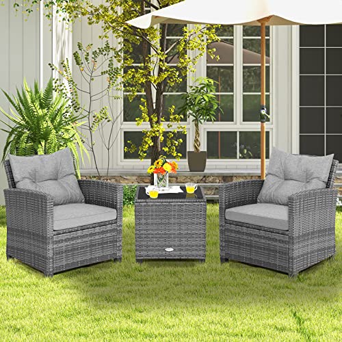 Tangkula 3 Pieces Patio Furniture Set, Outdoor PE Rattan Conversation Chair Set with Tempered Glass Side Table and Removable Cushions, PE Wicker Chairs and Table Set for Porch, Balcony and Garden