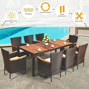 ALIDAM Patio Set Furniture Set 9PCS Rattan Dining Set 8 Stackable Chairs Cushioned Acacia Wood Table Top Is Good For Outdoor Relaxation And Dining Party For Family And Friends Outdoor Garden Furniture