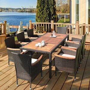 alidam patio set furniture set 9pcs rattan dining set 8 stackable chairs cushioned acacia wood table top is good for outdoor relaxation and dining party for family and friends outdoor garden furniture